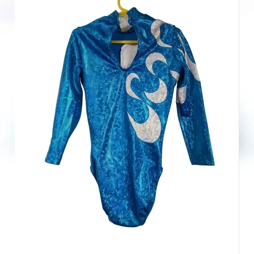 Turquoise Sparkle Gymnastics Leotard Holographic Rhinestone Long Sleeve Girl CLA
